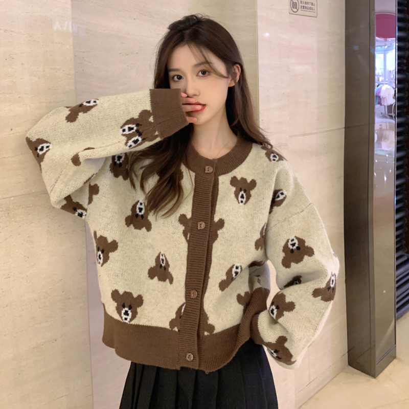 

women's jackets knitted cardigan bear funny women's nightgown sweet autumn salt leisure wind sleeve long coat nftc, Black;brown