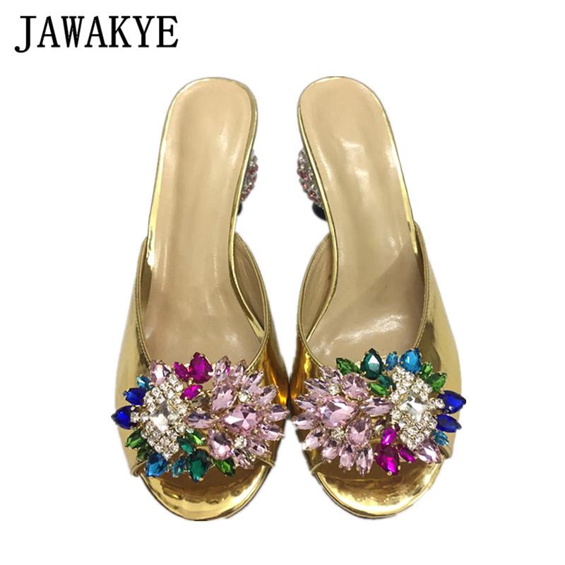 

Slippers JAWAKYE Rhinestone Ball High Heels Women Crystal Flower Summer Gold Runway Shoes Shinny Slides Party Woman, Black