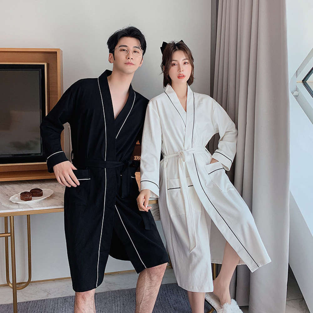 

Spring and autumn lovers' Robe long sleeve cotton simple solid color girl comfortable loose men's medium length Pajama bathrobe