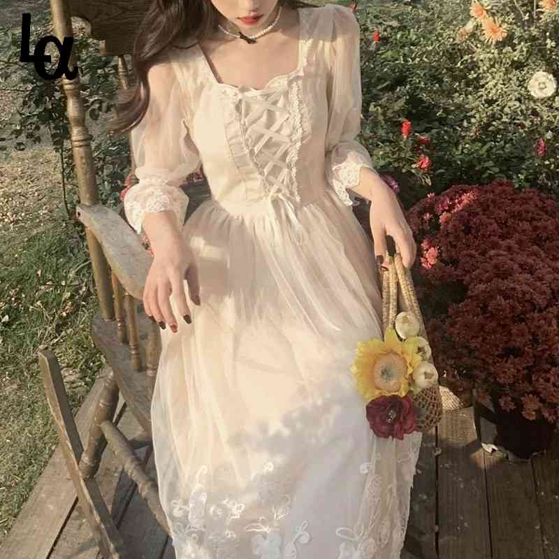 

Summer Lace Sweet Elegant Dress Women Evening Party Korean Kawaii Short Sleeve Female Square Collar 210519, As picture