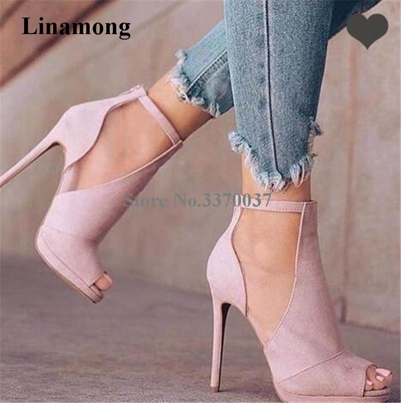 

Ladies Fashion Peep Toe Pink Suede Leather Cut-out Thin Heel Pumps Back Zipper-up Ankle Straps High Heels Club Dress Shoes, Black