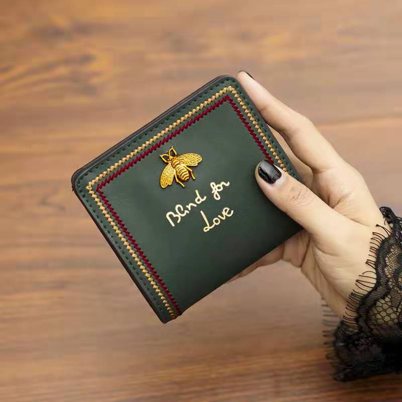 

Genuine cow leather bee women designer wallets lady short style fashion casual card purses no8, Black
