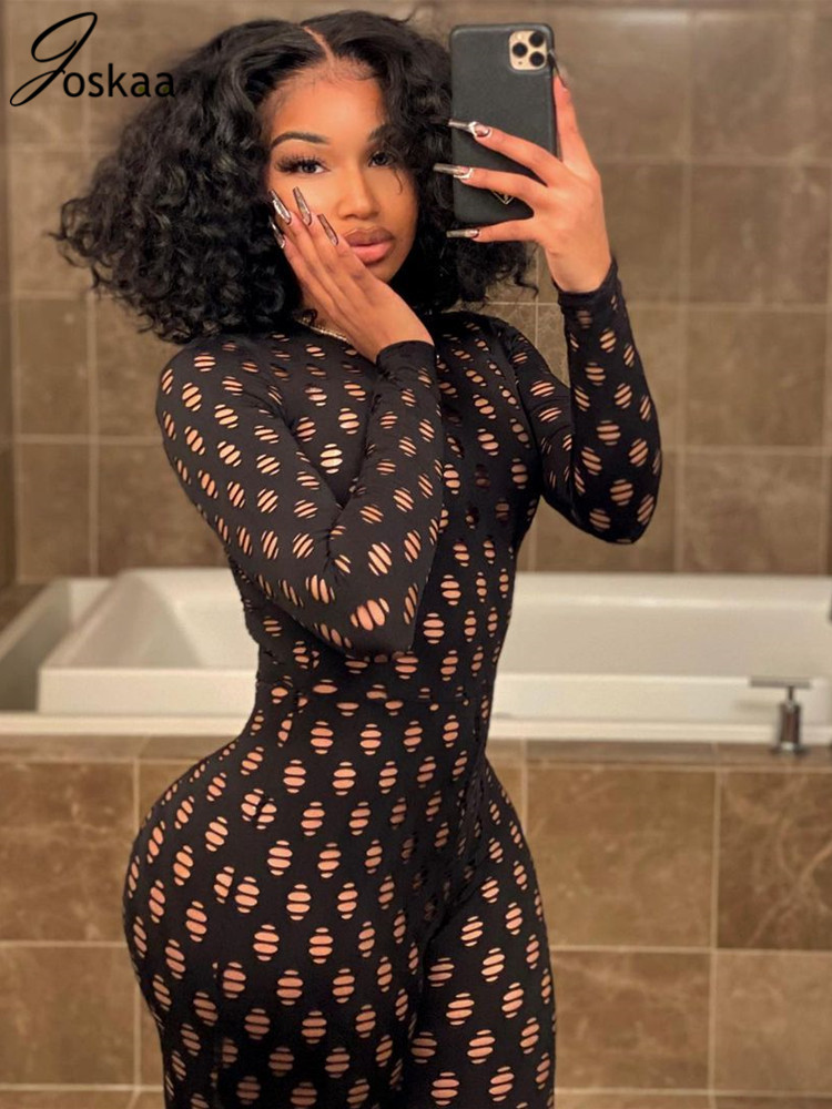 

Joskaa Black Sexy Cutout Jumpsuit Women Zip Up Sheer Skinny Romper One Piece Bodycon Club Street Bodysuit Party Rompers 2021