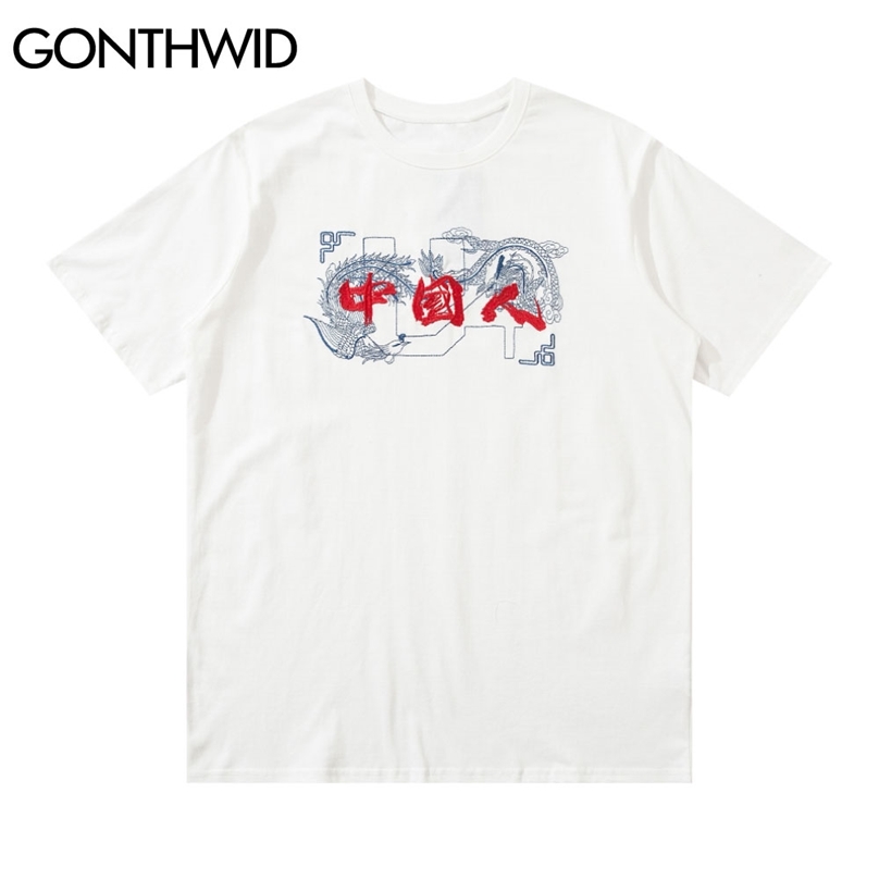 

Tees Harajuku Embroidery Chinese Dragon Short Sleeve Tshirts Fashion Summer Mens Casual Cotton Streetwear Hip Hop Tops 210602, Black