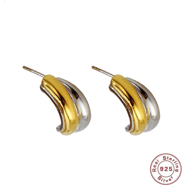 

Sterling Silver Minimalist Geometric Chunky Stud Earrings For Women Men Punk Half Circle Gold Color Block Ear Fine S, Golden;silver