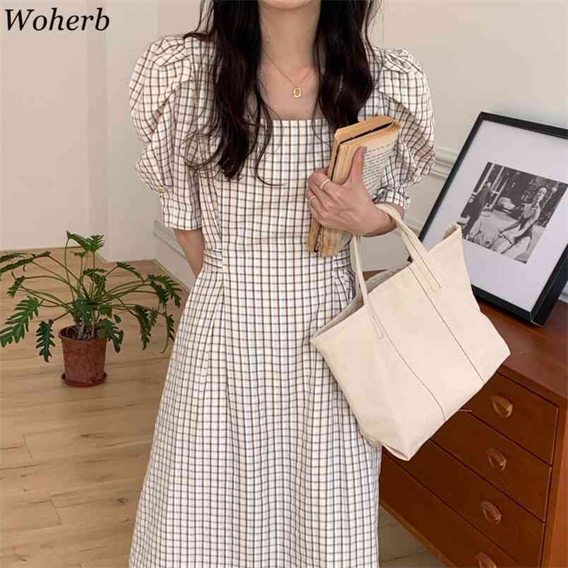 

Casual Square Collar Plaid Women Dress Puff Sleeve Slim Waist Female Korean Elegant Dresses Vintage Summer Vestidos 210519, Apricot