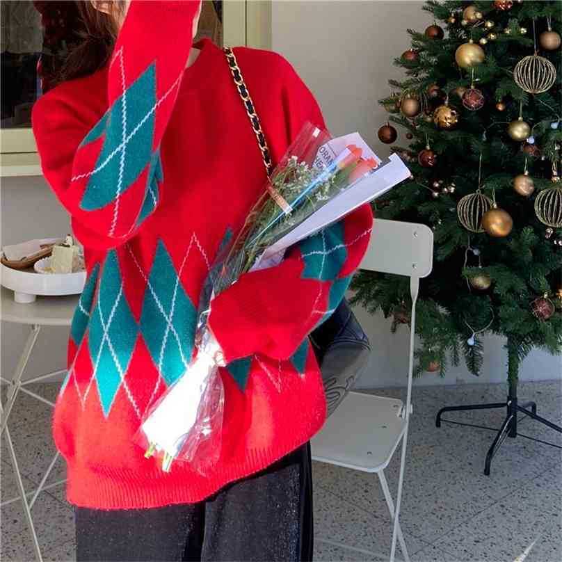 

Fashion O-Neck Pullovers Argyle Warm Spring Retro Elegant Knitwear Causal Loose Sweater Tops 210525, White