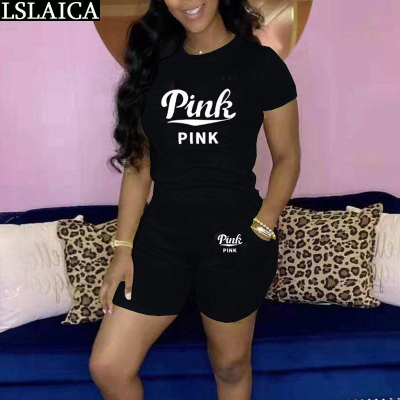 

Short Set Solid Color Round Neck Top Pants Letter Print Women Clothes Summer Running Knitted Suits for 210520, Red