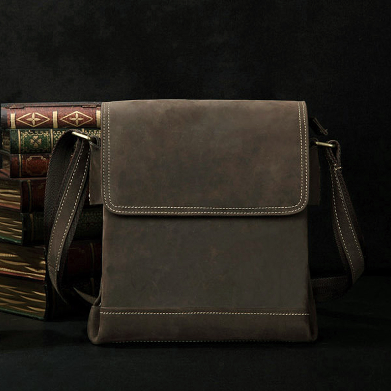 

Vintage Crazy Horse Genuine Leather Men's Messenger Bag Real Leather Shoulder bags for Men Crossbody Bag for IPAD Case Fashion, Black