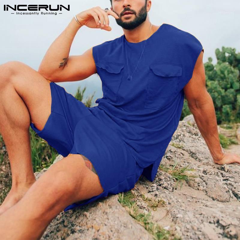 

Men' Tracksuits Summer Men Sets 2021 Streetwear Sleeveless Pockets T Shirts Elastic Waist Shorts Breathable Solid Color Casual Suits INCERU, Blue