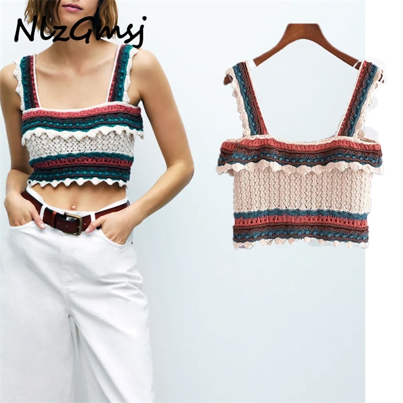 

Tank Woman Crochet Cropped Knitted Tops Vintage Square Collar Wide Straps Female Camis Mujer 03 210628, As picture