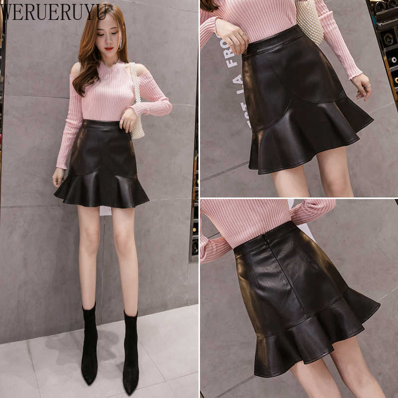 

WERUERUYU Black High-Waisted Short Women's Leather Skirt Harajuku Ruffles Pu Mini Pleated Skirts For Girls 210608, Photo color