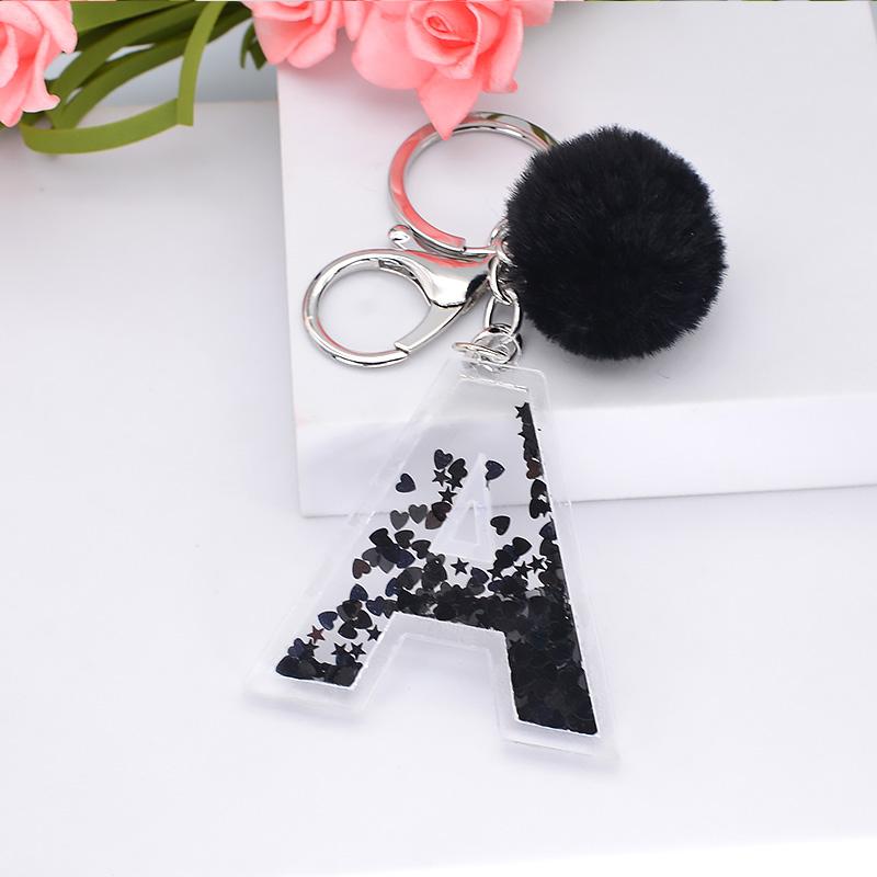 

Keychains Letter Keychain Pompoms Key Chain For Car Keys Handbag Charms Black Plush Sequins Keyring Women Girl Gift Jewelry Accessories