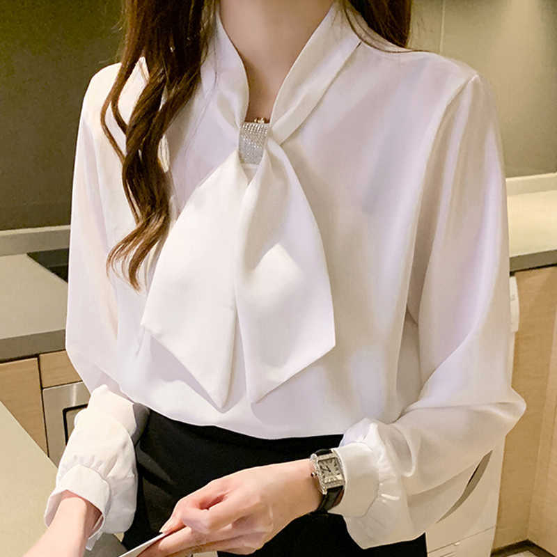 

Long Sleeve Office White Blouse Shirt Blouse Women Blusas Mujer De Moda Bow V-Neck Chiffon Blouse Tops Women Blusa D838 210602, Apricot