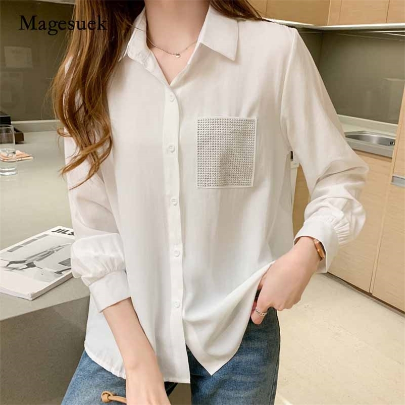 

Autumn Fashion Korean Style Loose Long-Sleeved Women's Blouse Pockets Solid Turn-down Collar Shirt Blusas Mujer 10775 210518, White