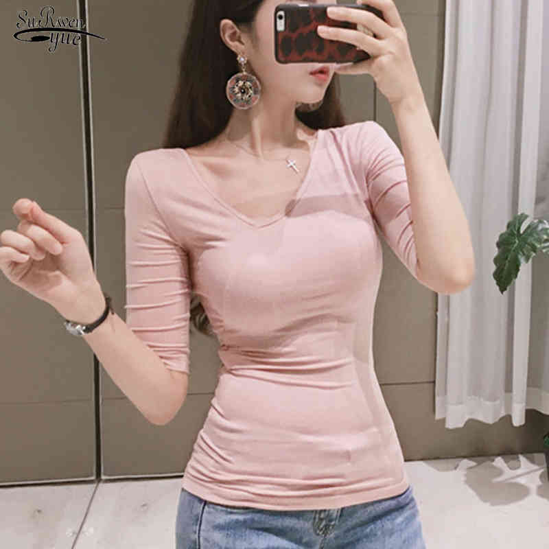 Blouse d'été de style coréen Femmes Casual Short Shirts Black Shirts Slim Fit V Neck Pullover Lady Tops Vêtements 9272 50 210508