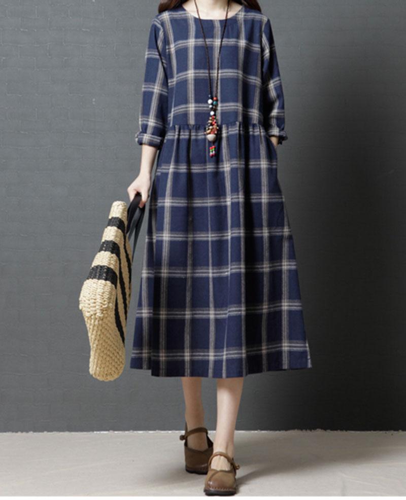 

Casual Dresses Arrival Women Long Sleeve O Neck Plaid Blue Cotton Loose Linen Dress Girl Vintage Autumn Spring