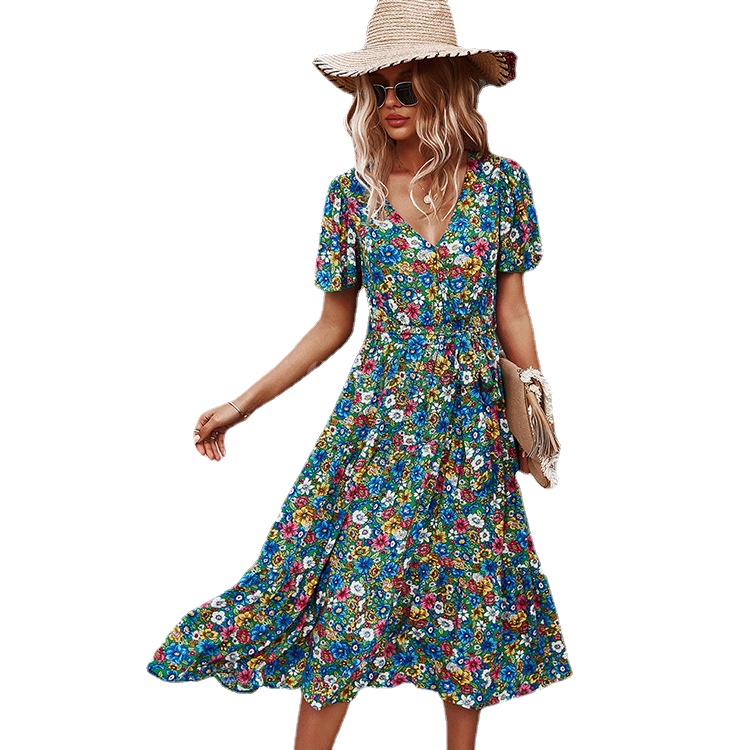 

Summer 2021 V-neck Chiffon Floral Short Sleeve Dress, Green