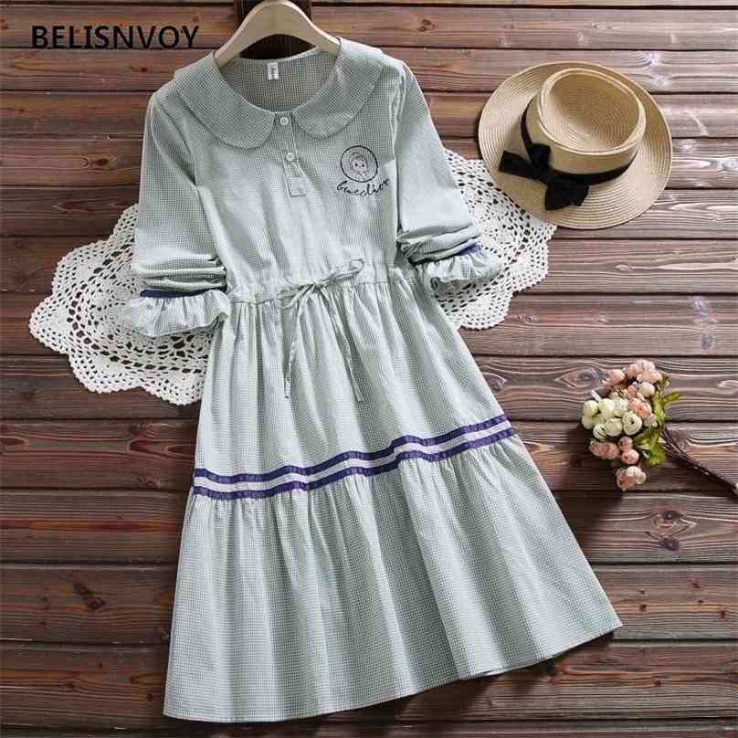 

Special offer Preppy Style Autumn Spring Women Elegant Dress Peter Pan Collar Plaid Casual Vestidos De Festa Embroidery 210520, Green