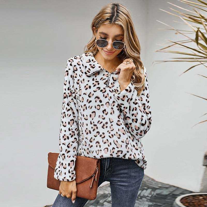 

Vintage Leopard Printed Plush Women Sweatshirt Hoodie Casual Turn-Down Collar Zip Warm Fleece Female Pullovers W653 210526, Picture color