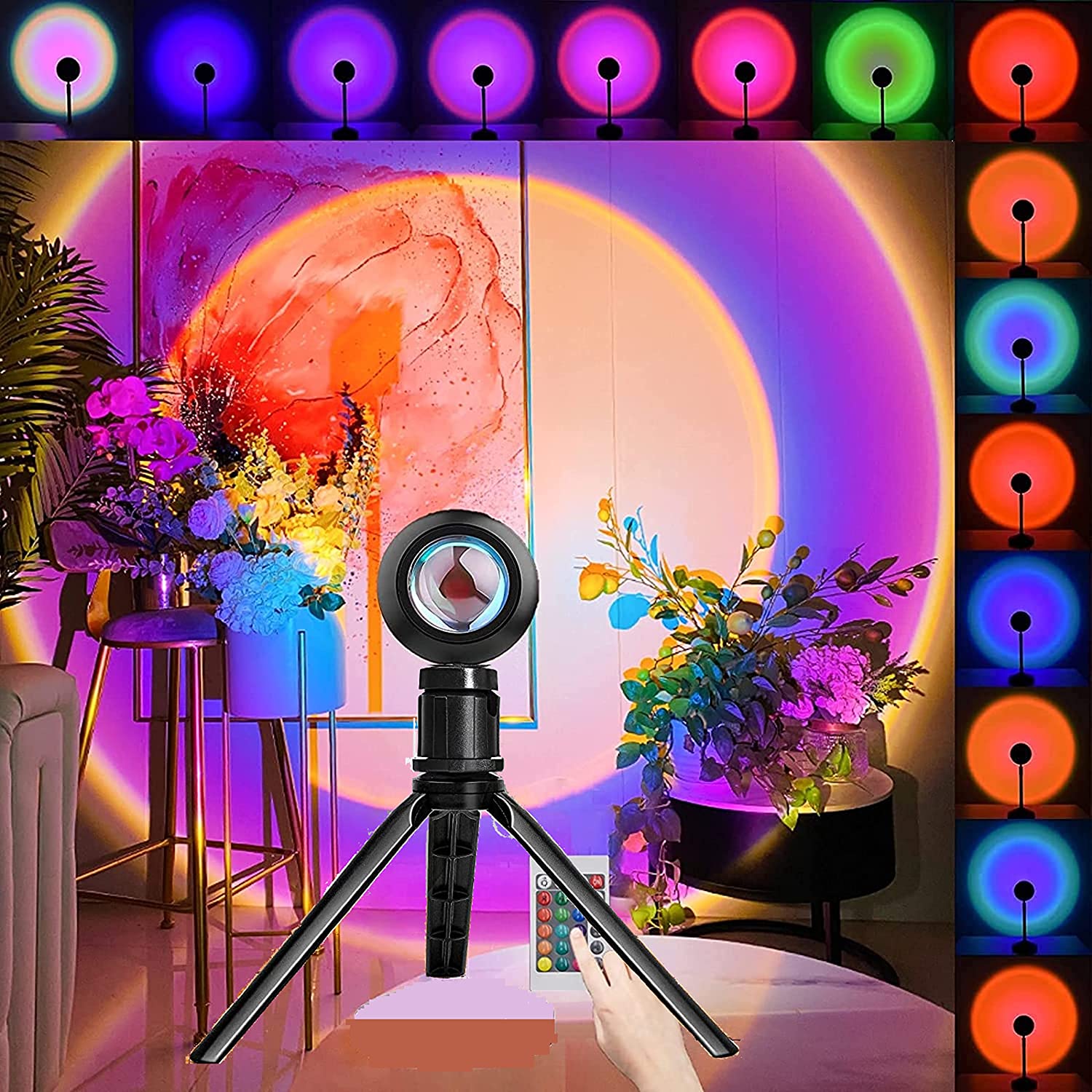 

LED RGB Sunset Light USB Rainbow Projector Atmosphere Romantic Projection with Tripod Stand or Adjustable Neck 16 Colors Remote