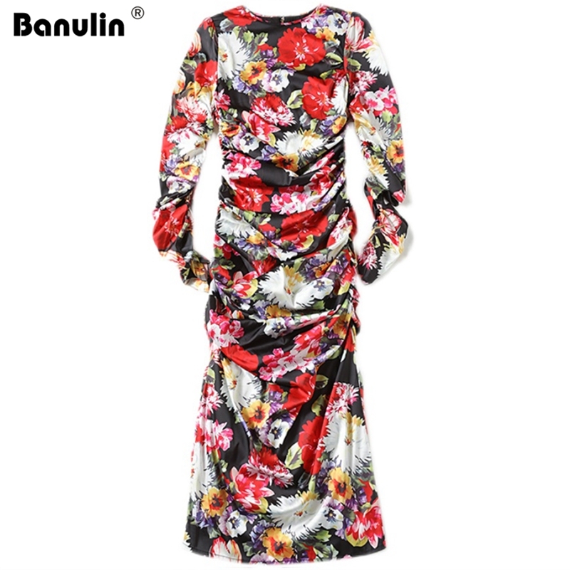 

Banulin Spring Fashion Runway Floral Ruched Sheath Dress Women Long Sleeve Vintage Print Office Ladies Work Bodycon 210603, Design and color