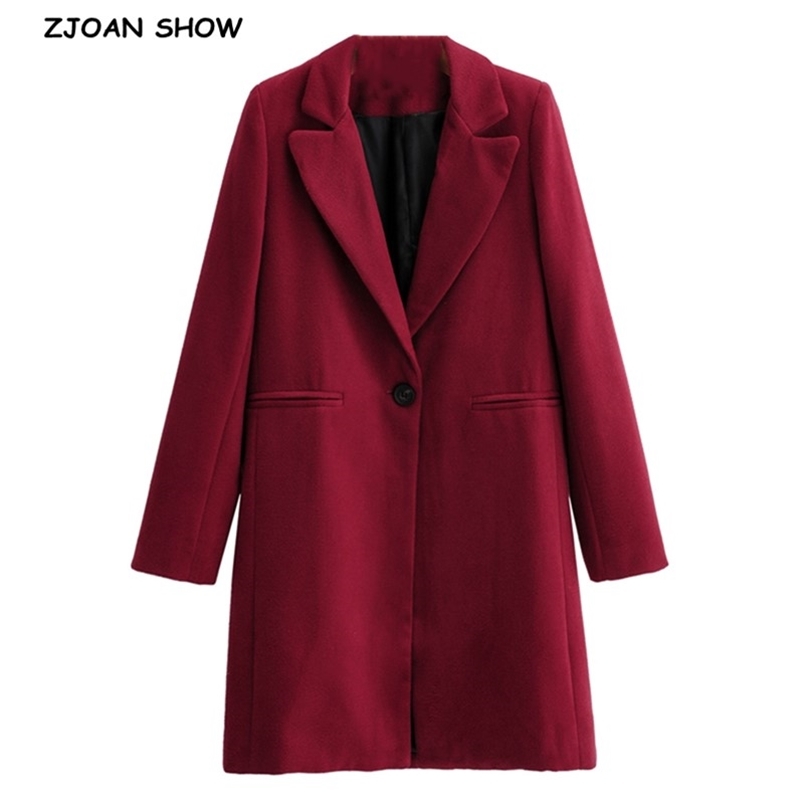 

Winter Wine red Woolen Blends Coat one Button Notched Collar Long Sleeve Knee Length OL Trench Outerwear 210429
