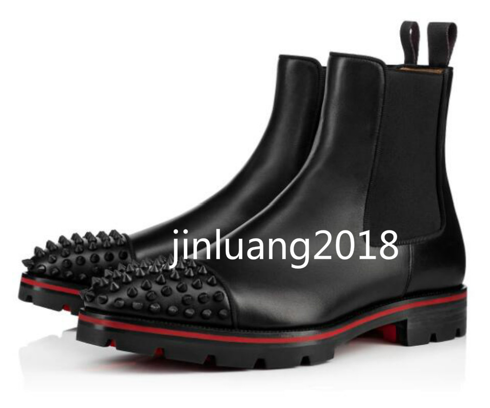 

Luxury Designer Melon Spikes Man Ankle Boot Black Genuine Leather Calfskin Lug Sole Red Bottom Boots Men Fashion Booty Famous Party Wedding, 1.1 high quality + box