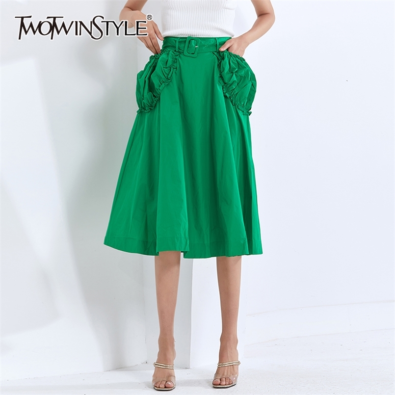 

Casual Patchwork Ruffle Skirt For Women High Waist With Sashes Midi Skirts Female Fashion Clothing Fall 210521, Green
