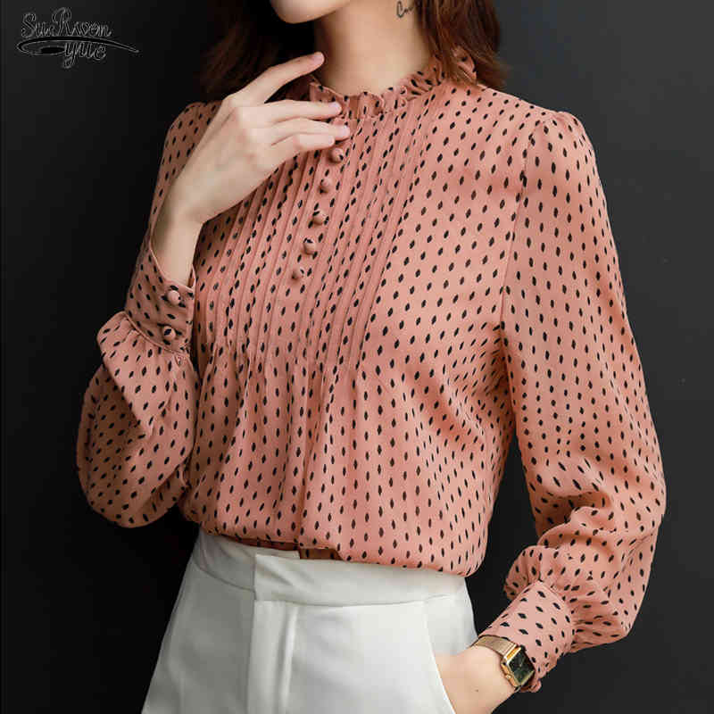 

Spring Autumn Style Chiffon Blouses Women Shirts Lady Casual Long Sleeve O-Neck Polka Dot Printed Blusas Mujer Tops11859 210521, Black