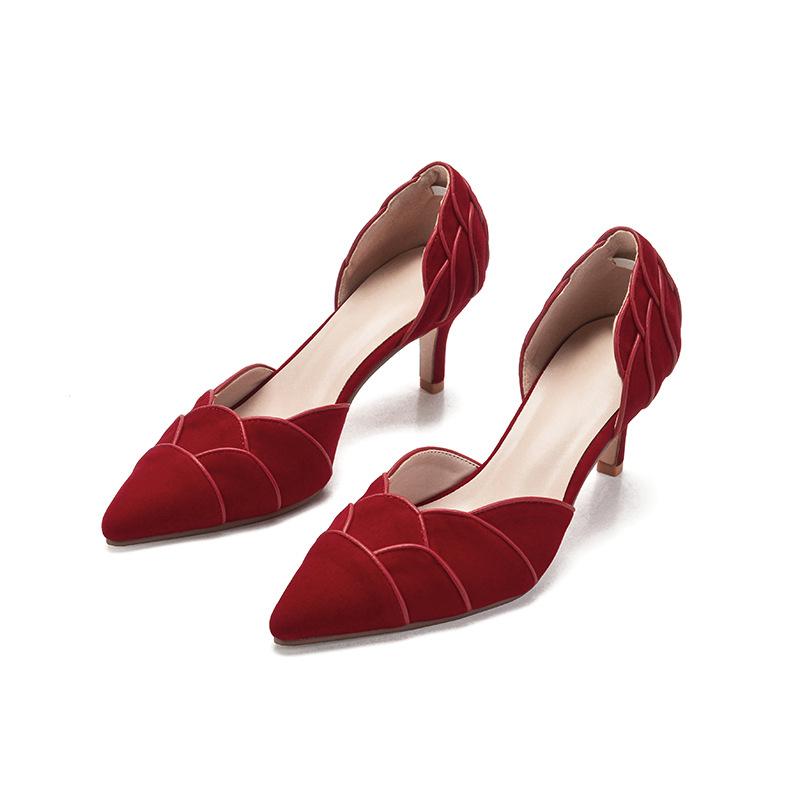 

Dress Shoes For Women 2021 Autumn Winter Temperament Lady Pointed Toe Suede Mid Heel Pumps Elegant Petal Stitching Design, Red