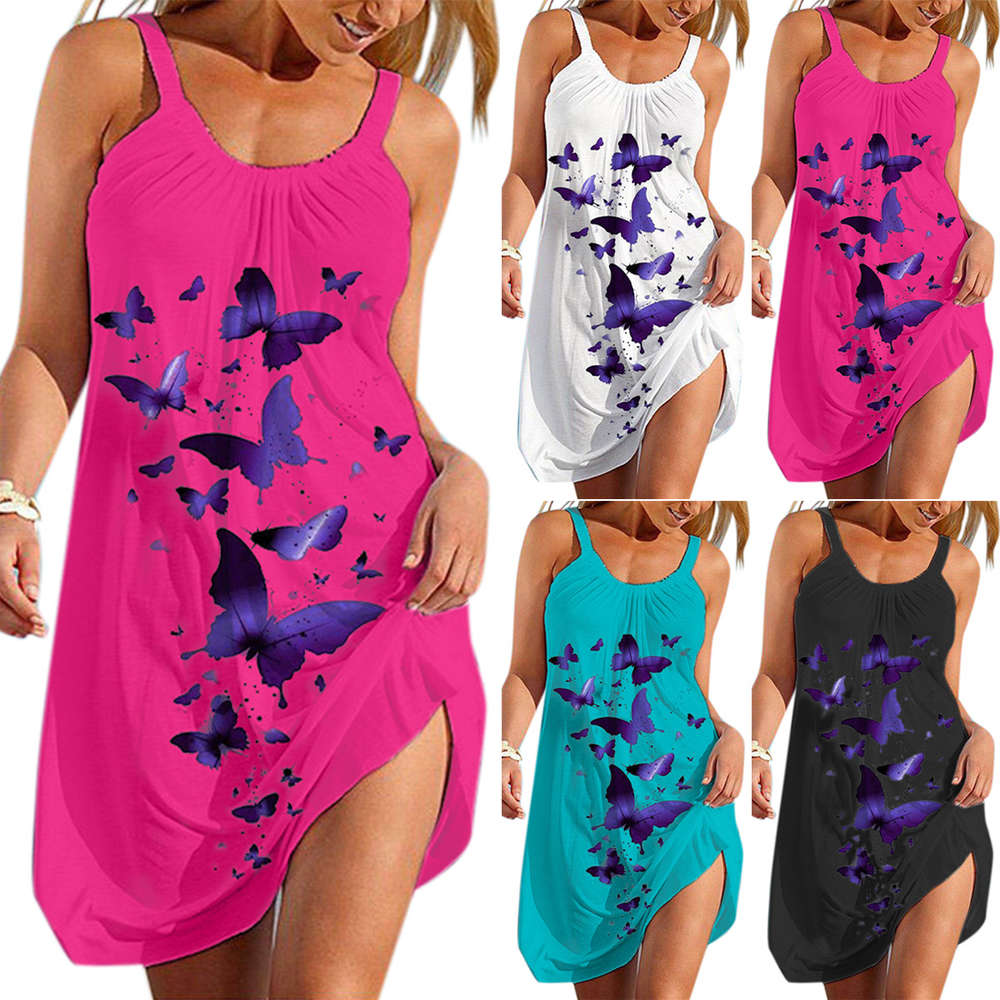 

Women's purple butterfly print drawstring dress loose beach skirt, Black;gray