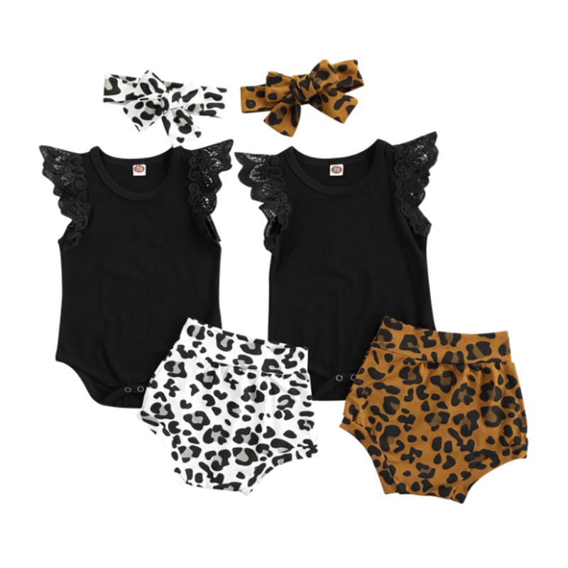

Clothing Sets 2022 Born Baby Girl Clothes Set Lace Sleeve Romper Tops Leopard Shorts Headband 3Pcs Outfits Casual Infant, White
