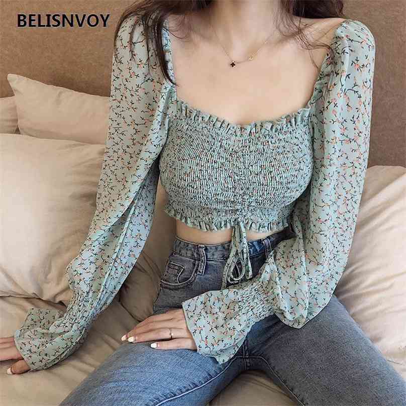 

Sexy Crop Top Fall Square Collar Puff Sleeve Women Blouses Sweet Pleated Floral Printed Chiffon Shirt Chic Elegant Lady Blusas 210520, Pink