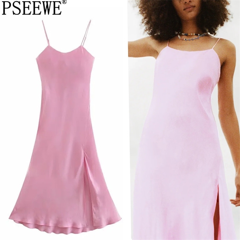 

Dress Women Pink Camisole Satin Long es Woman Summer Backless Slip Sexy Party es Ladies Slit Midi 210519