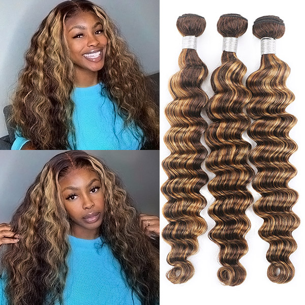 

Ishow Wefts 8-28inch Highlight 4/27 Ombre Brown Color Body Loose Deep Curly Water Malaysian Brazilian Peruvian Virgn Human Hair Bundles Extensions for Women, Deep wave