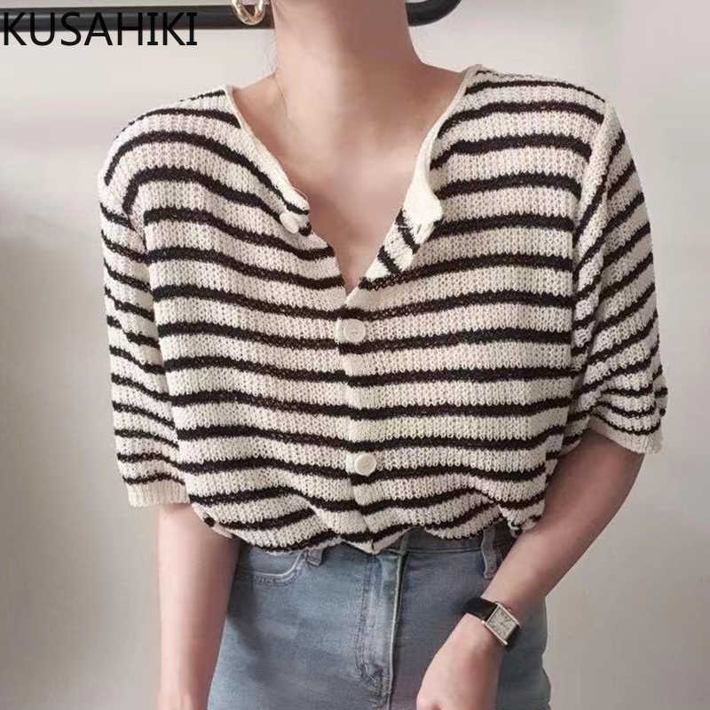 

KUSAHIKI Summer Hit Color Striped Knitted Coat Causal Short Sleeve O-neck Cardigan Thin Single Breasted Knitwear 6J376 210602, Black