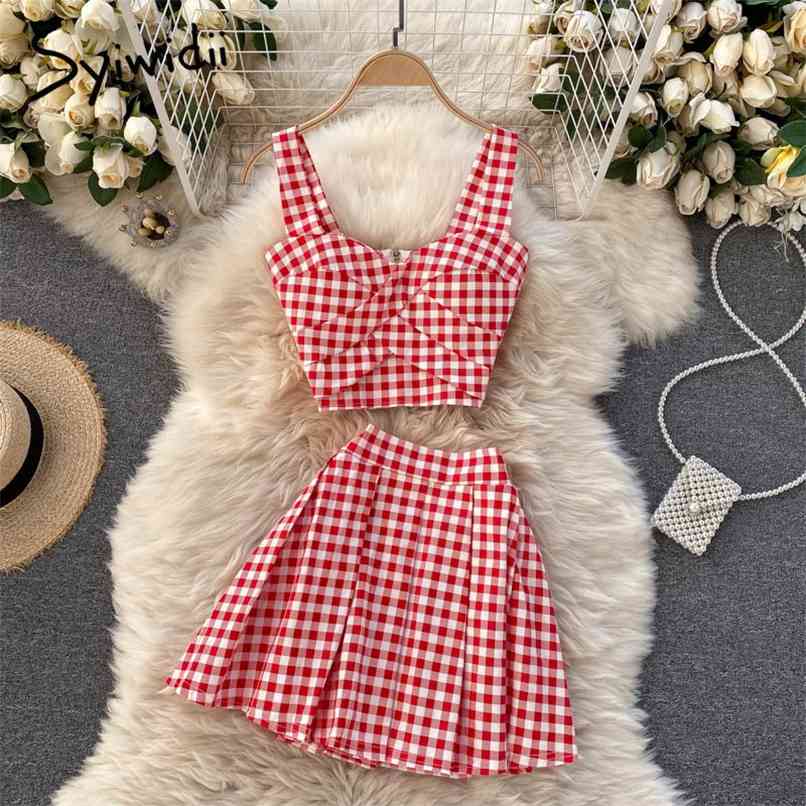 

2 Piece Plaid Skirts Set Women Summer Back Zipper Short Spaghetti Strap Tank Tops A Line Mini Skirt Black Red 210607, Red 2218