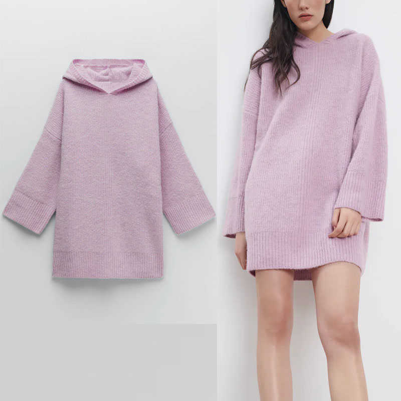 

Za Oversized Hooded Knit Dress Women Long Sleeve Roomy Cute Mini Dresses Female Fashion Winter Plus Size Vestido 210602, As picture