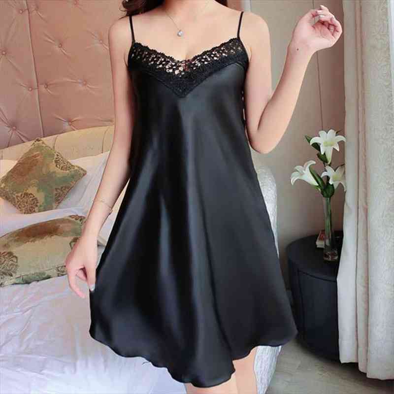 

Dress Sexy Deep V Womens Sleepwears Nightdress Lace Lingerie Silk Satin Nightie Nightgown Sleeveless Sling Nightwear Home D, Black;red