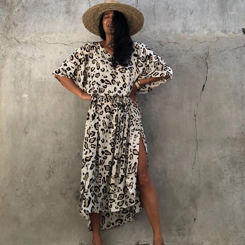 100%Cotton Beach Kaftan Bikini Cover-ups Bohemian Printed Summer Midi Dress Tunic Women Wear Swim Suit Cover Up Q1226 Women's Swimwear-image-735654431