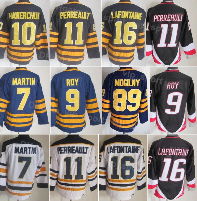 

Men Ice Hockey Vintage Retro 11 Gilbert Perreault Jerseys CCM 10 Hawerchuk 89 Mogilny 16 Pat LaFontaine 7 Rick Martin 9 Derek Roy Black Navy Blue White Stitched JunDao, 7 white
