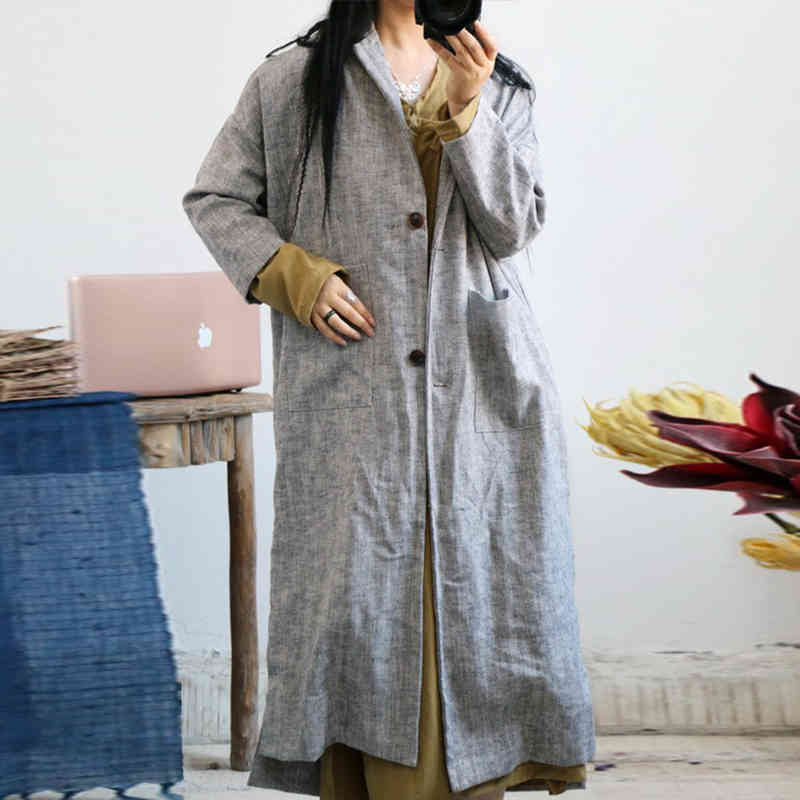 

Johnature Women Linen Vintage Trench Coats Loose Turn-down Collar Windbreaker Autumn Gray Plus Size Women Clothes Trench 210521