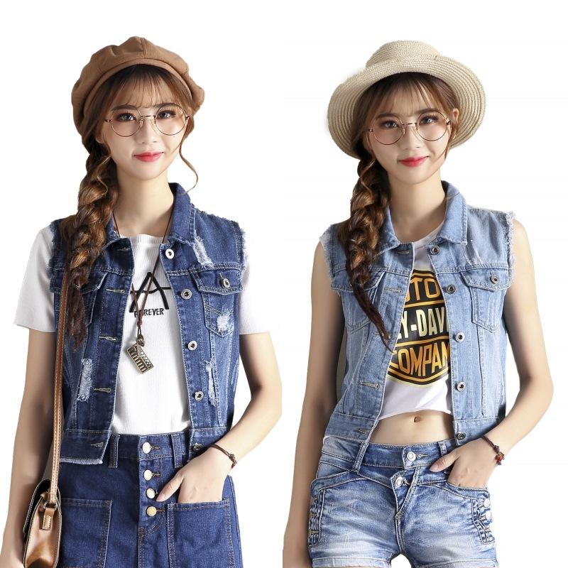 

Women' Vests Rlyaeiz Spring Short Denim Vest 2021 Summer Casual Slim Blue Color Single Breasted Pockets Hole Sleeveless Jackets Coats