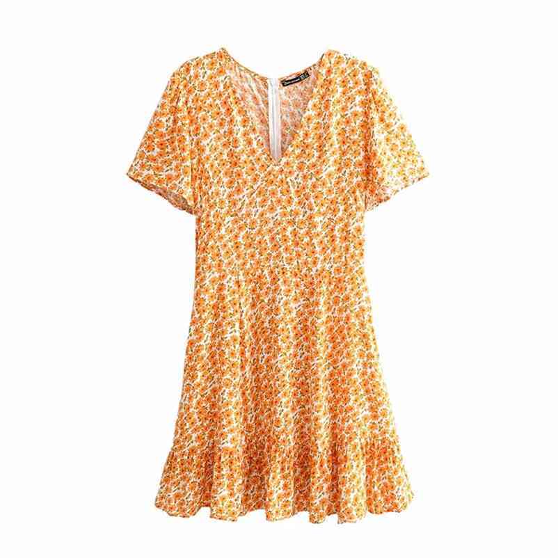 

women summer fresh mini dress chic deep V-neck floral Short sleeve female Slim A-line pleated 210524, Orange