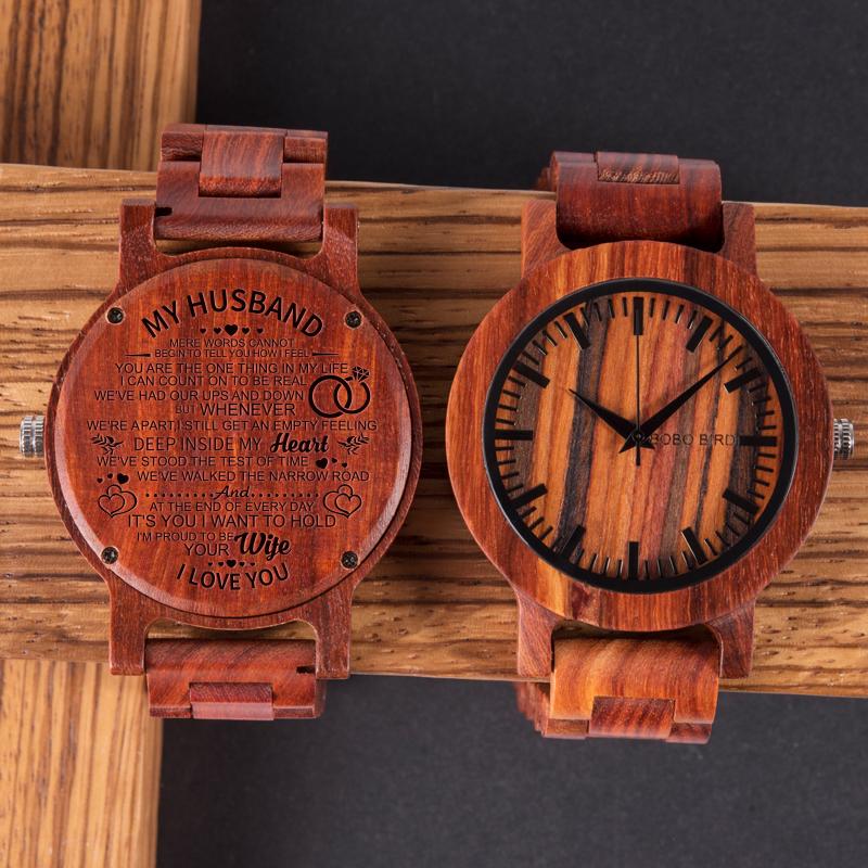 

Wristwatches Wood Watch Men Personalized Christmas Gift Red Sandalwood Engraving Quart Wristwatch Male Accept Custom Messages Drop, Slivery;brown