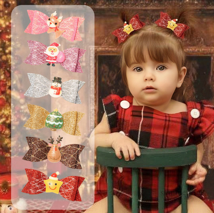 

Children sequins Bows christmas party hairpins girls santa claus reindeer snow man Bow hair clip kids dovetail bowknot barrettes accessories Q2465, Pink reindeer
