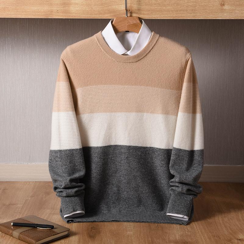 

Men's Sweaters Autumn And Winter Thick Sweater 100% Pure Wool Round Neck Color Matching Striped Knitted Pullover Cashmere Base, White;black