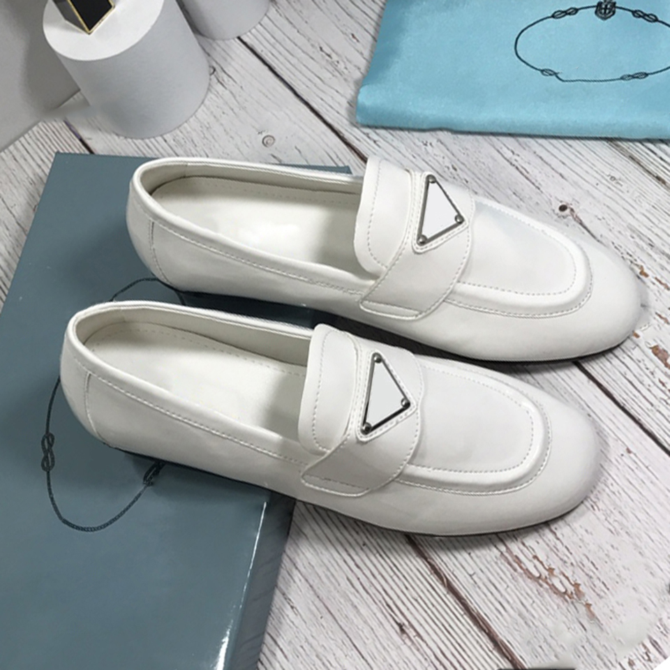 

Patent leather loafers shoes Womens designer spring flat heels uppers with leather decorative belt metal triangles white black size 35-40