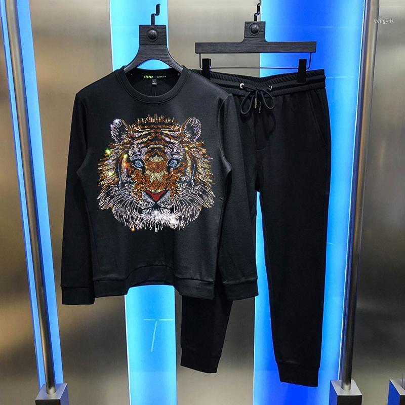 

Men's Tracksuits Rhinestone Tiger Pattern Harajuku Plus Velvet Jogging Hoodie Casual Winter Design Tracksuit Luxury Sets, As shown asian size